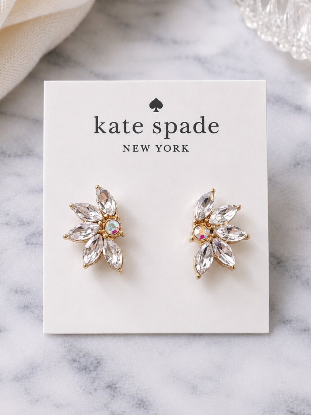 Kate Spade 18k Gold Crystal Floral Leaf Cluster Stud Statement Earrings
